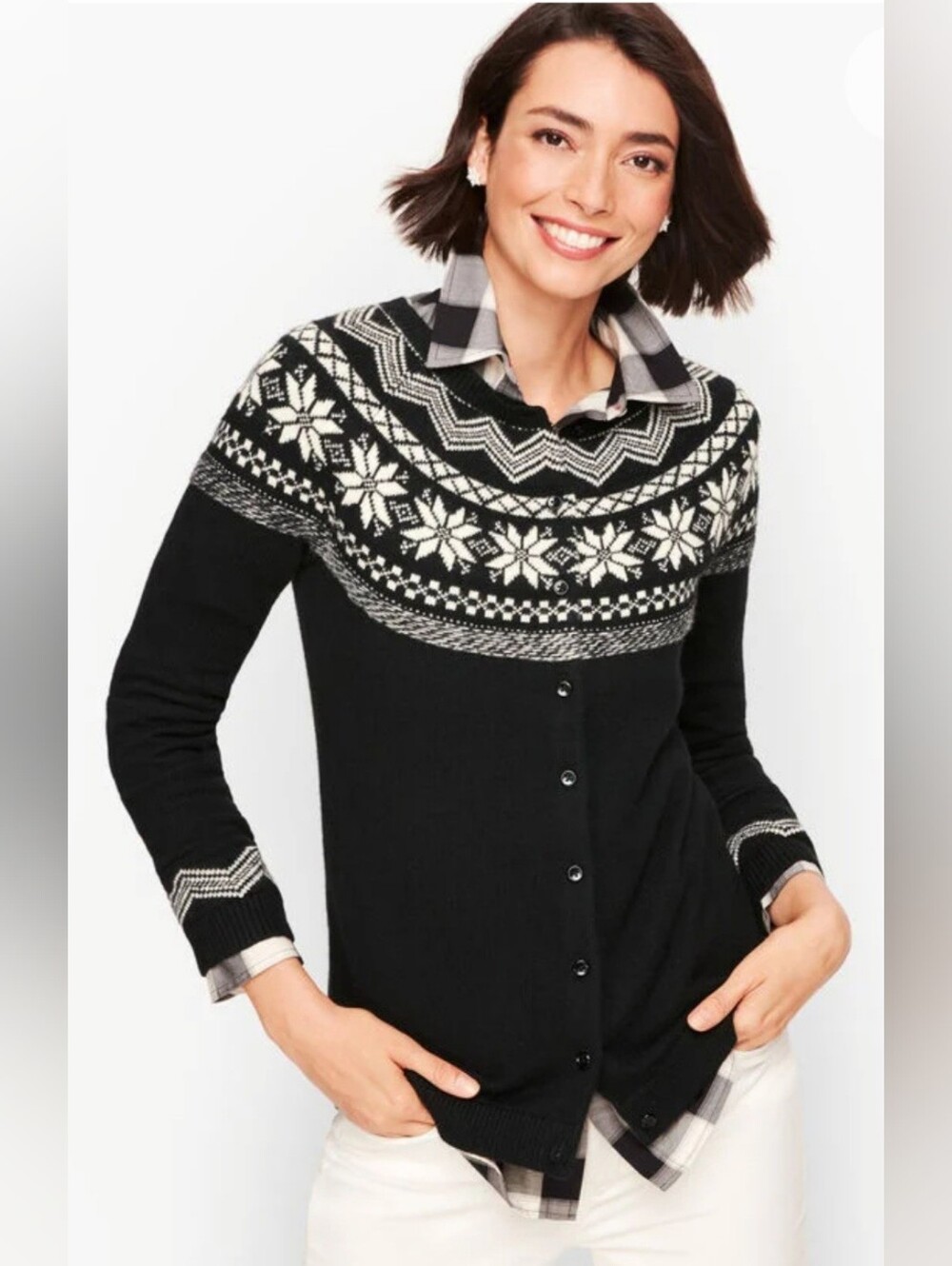 TALBOTS SNOWFLAKE FAIR ISLE CARDIGAN. SZ MEDIUM. BLACK/WHITE SNOWFLAKE PATTERN.